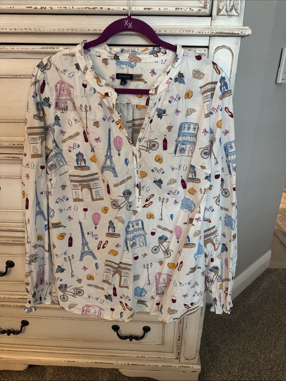 Talbots White Parisian Motif Long-Sleeve Blouse